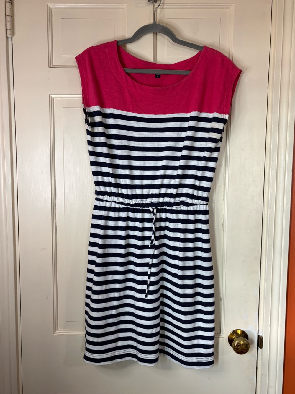 Gap Pink Navy White Striped T-Shirt Dress Drawstring Waist Nautical  Size M